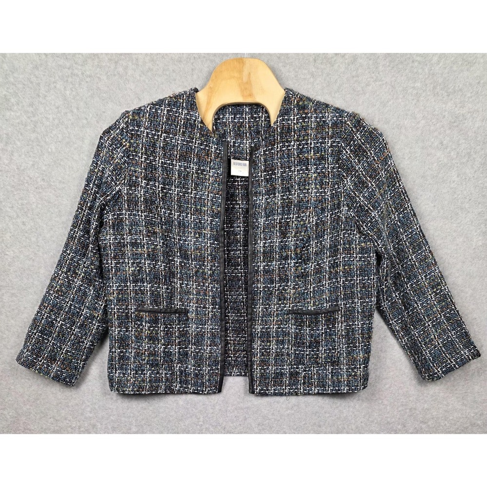 Bedford Fair Jacket Womens 20W Black Blue Tweed Open‎ Front Faux Leather Trim